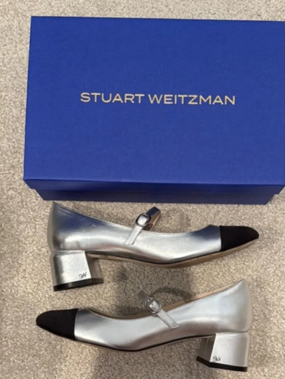 Stuart Weitzman Silver Mary Jane Pumps with Black Cap Toe 8.5